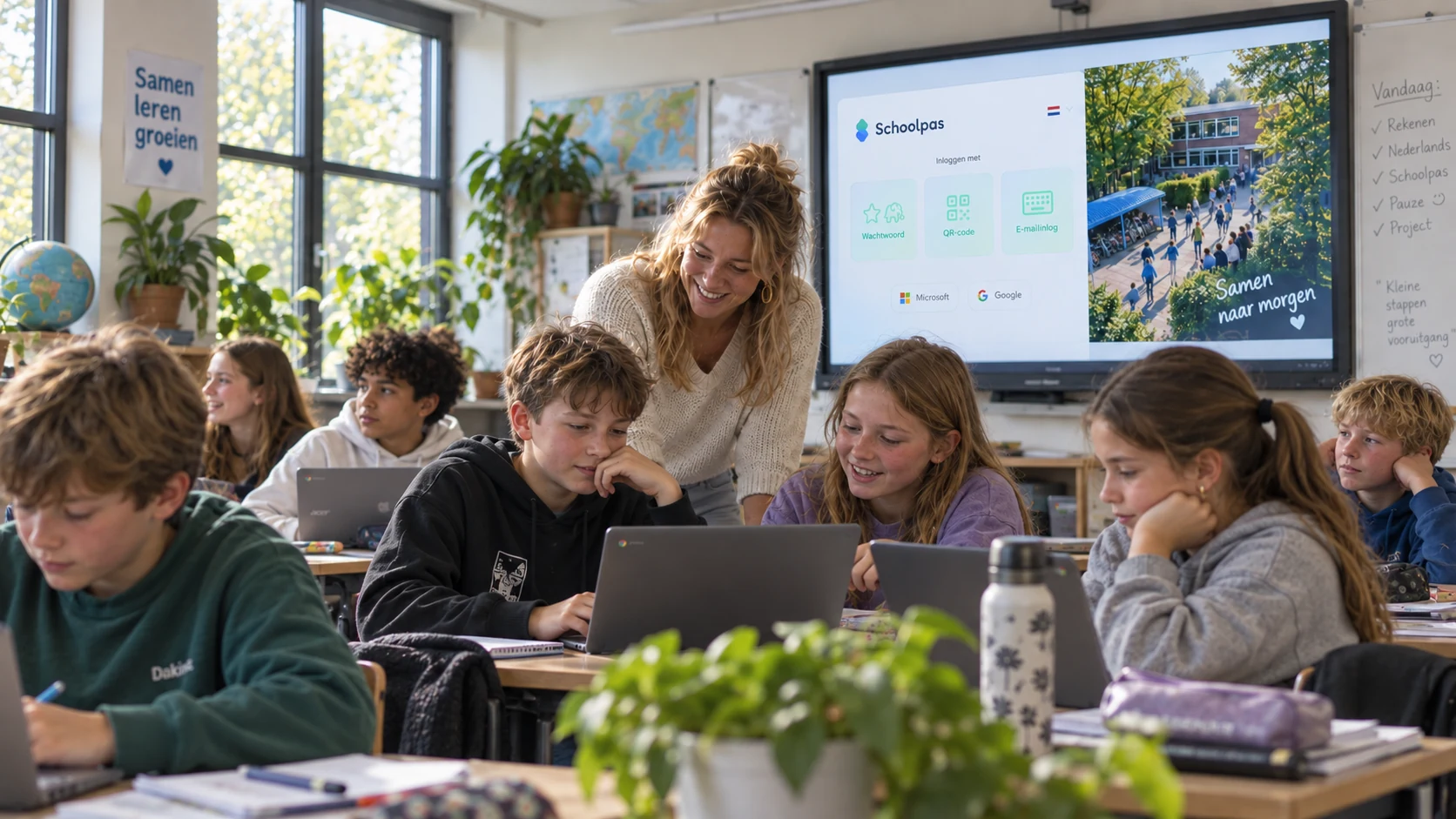 Juf kijkt lachend mee met leerlingen achter hun Chromebooks, op het digibord staat het Schoolpas-inlogscherm